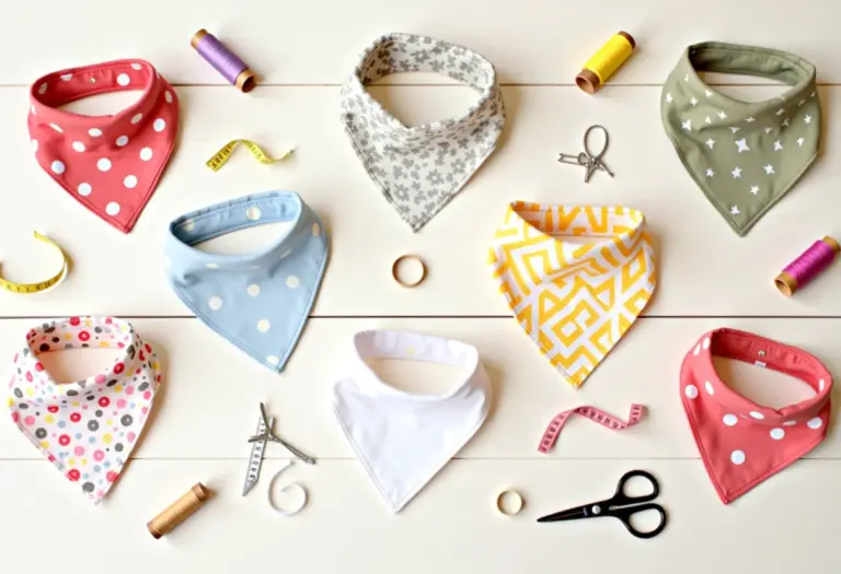 Babadores bandana com diferentes estampas e acessórios de costura