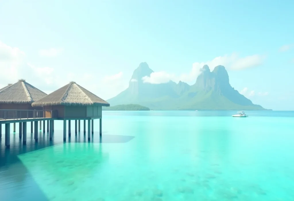 Bangalô sobre a água em Bora Bora com montanhas ao fundo
