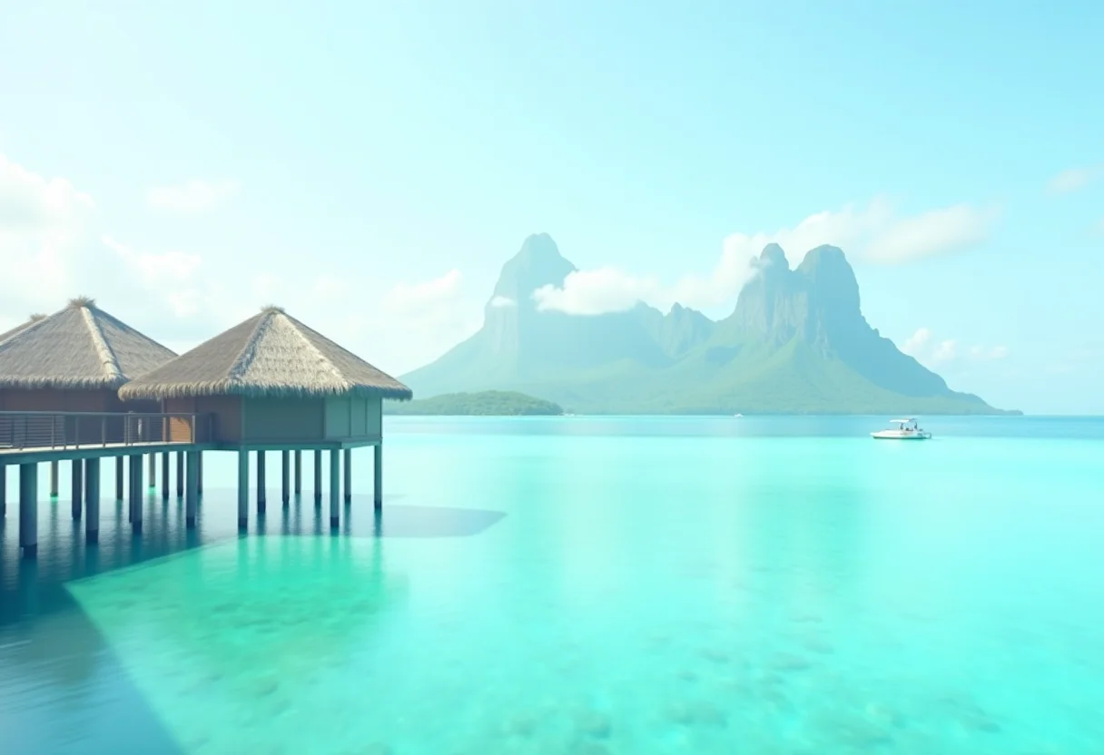 Bangalô sobre a água em Bora Bora com montanhas ao fundo