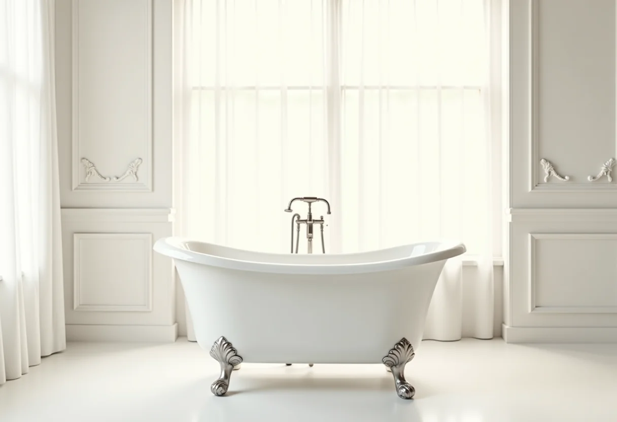 Banheiro com banheira vitoriana elegante e luminosa