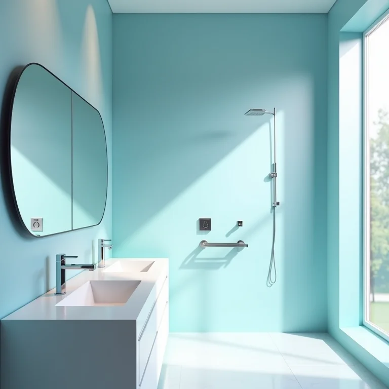 Banheiro com paredes claras e iluminação estratégica.