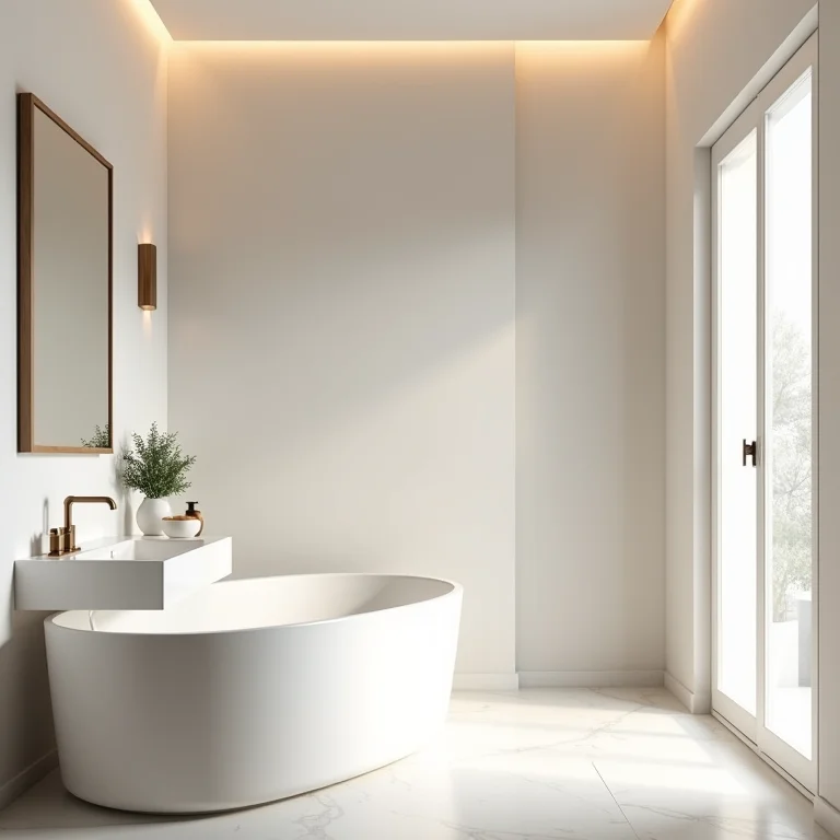 Banheiro minimalista com design clean e organizado.