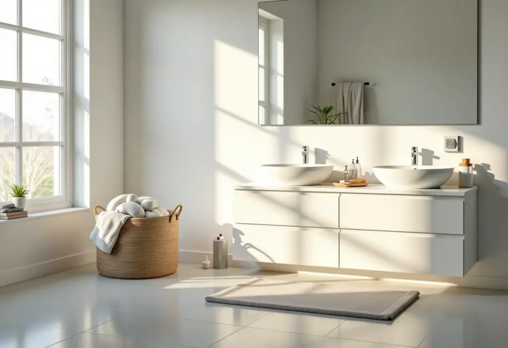 Banheiro moderno com excesso de objetos e má organização.