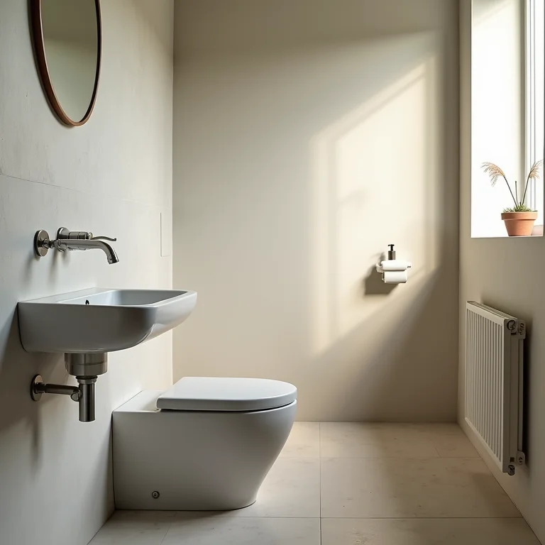 Banheiro pequeno com louças e metais desproporcionais