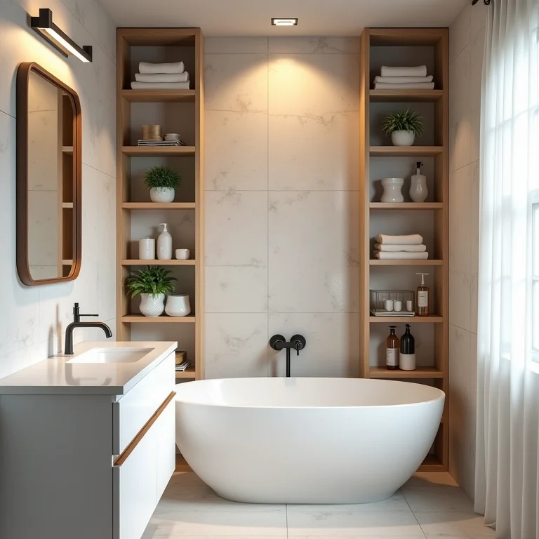 Banheiro pequeno com prateleiras desorganizadas e falta de armazenamento