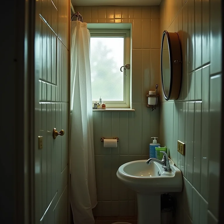 Banheiro pequeno com ventilação inadequada e condensação