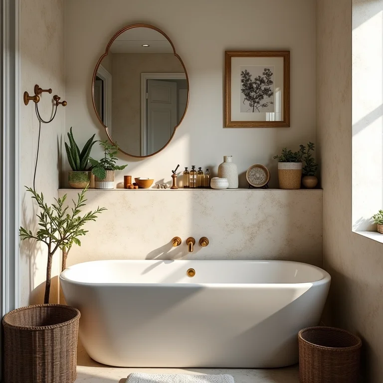 Banheiro pequeno exageradamente decorado com acessórios