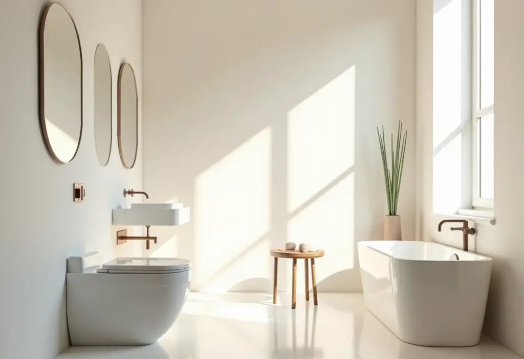 Banheiro pequeno planejado com iluminação e decoração minimalista