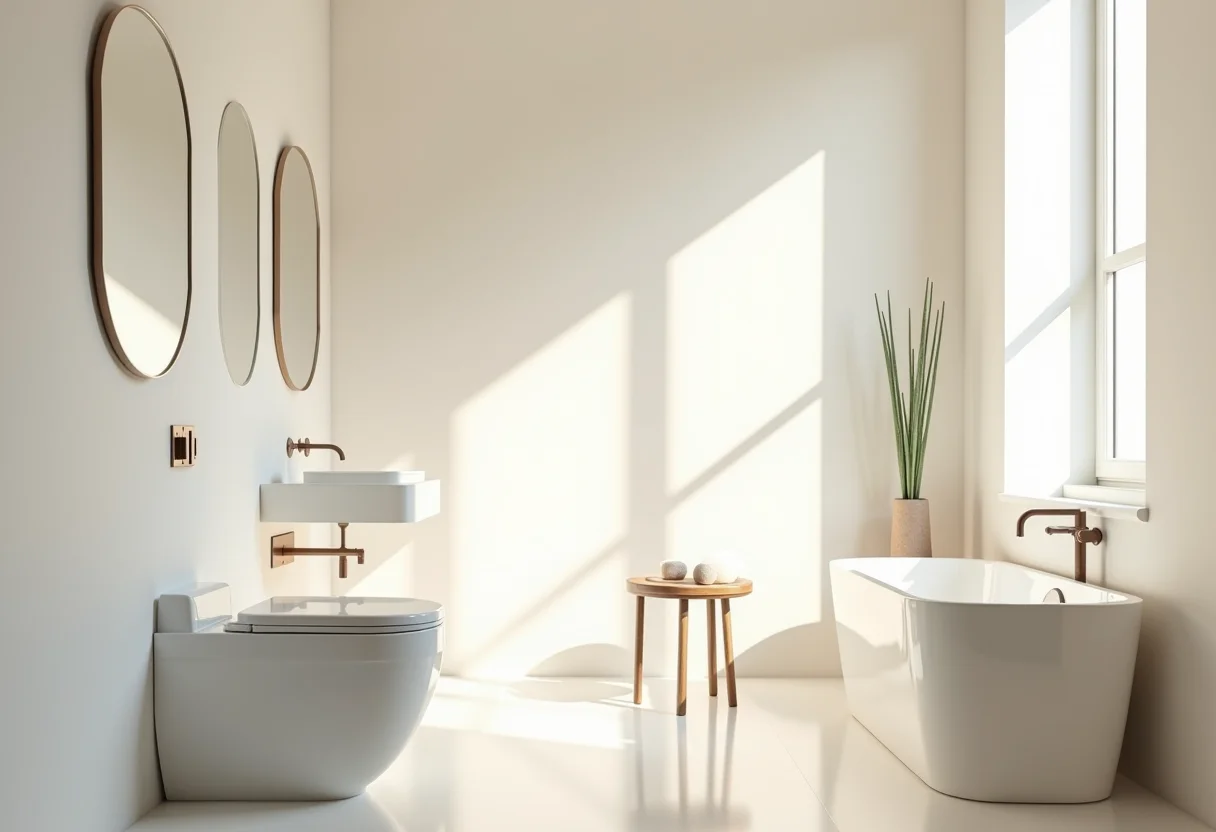 Banheiro pequeno planejado com iluminação e decoração minimalista