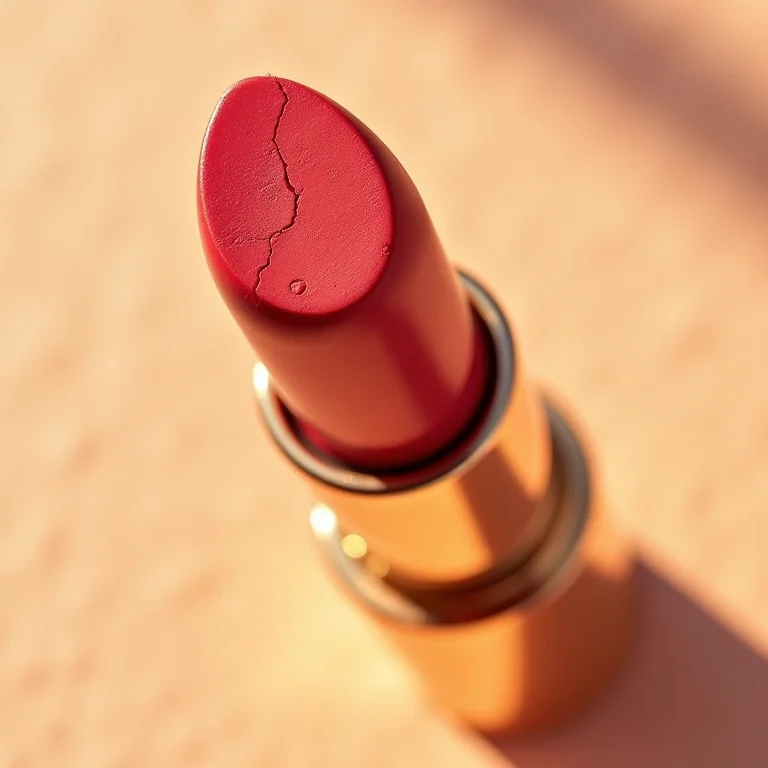 Batom vermelho rachado em fundo bege