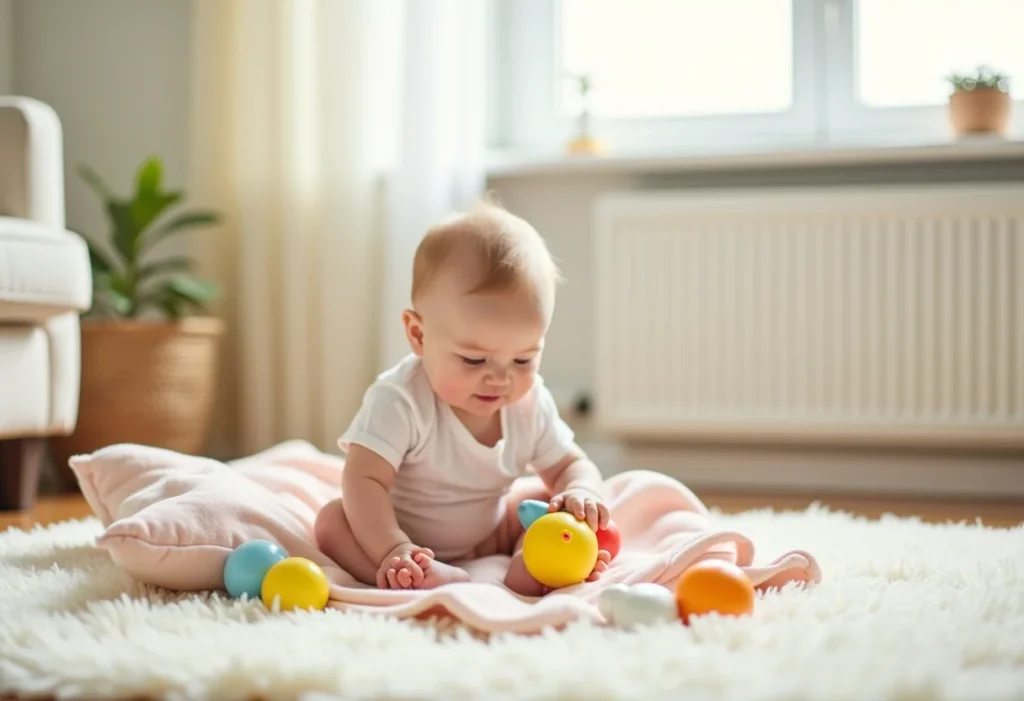 Bebê de um ano brincando com brinquedos coloridos