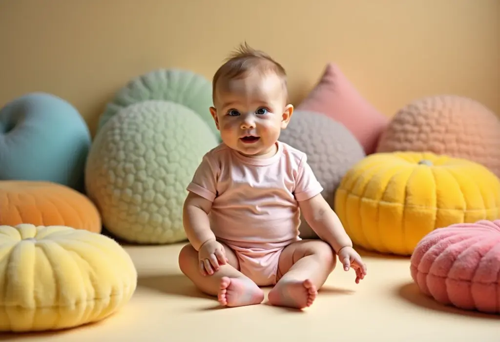 Bebê sentado em tapete colorido com almofadas de apoio