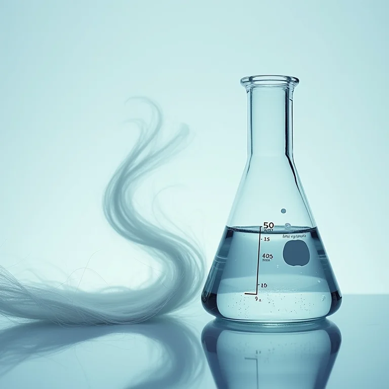 Béquer com líquido transparente e mechas de cabelo liso em laboratório