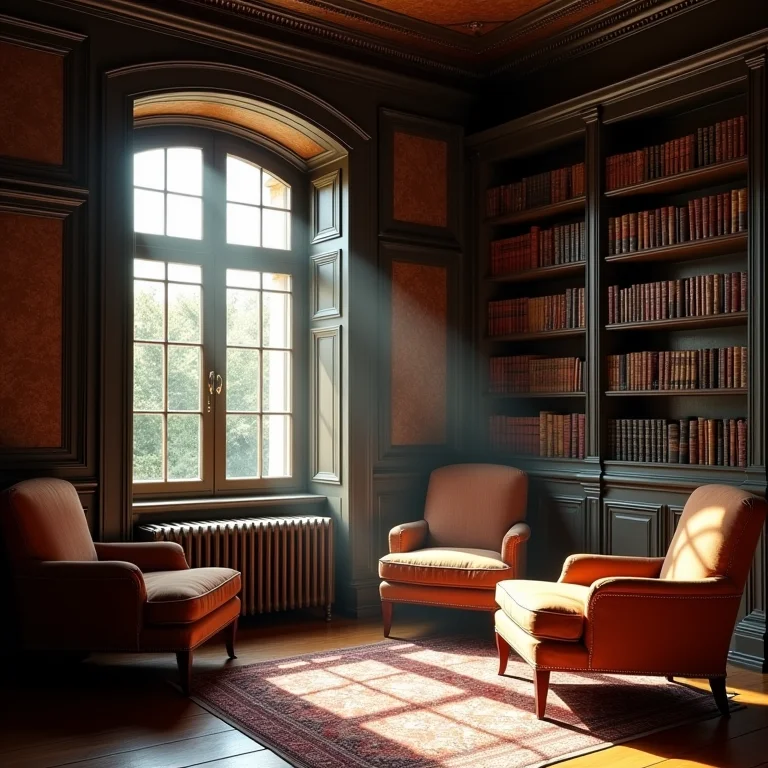 Biblioteca antiga com livros e poltronas convidativas.