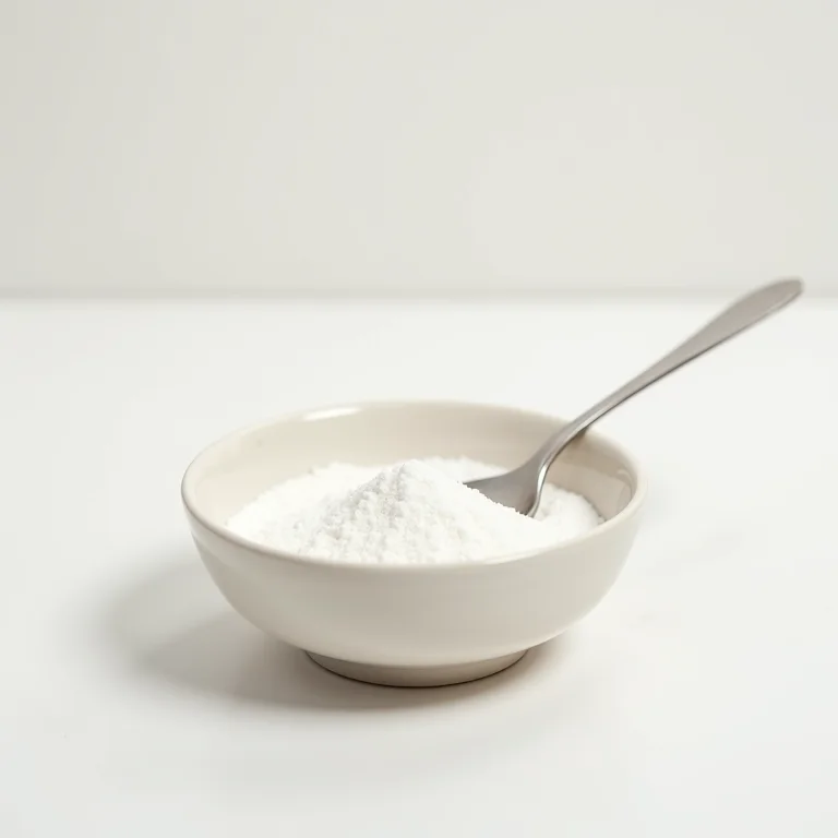Bicarbonato de sódio em uma tigela sobre mesa branca.