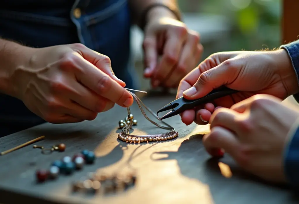 Bijuterias artesanais de fio de alumínio em uma bancada iluminada