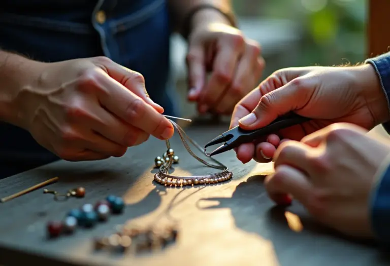 Bijuterias artesanais de fio de alumínio em uma bancada iluminada