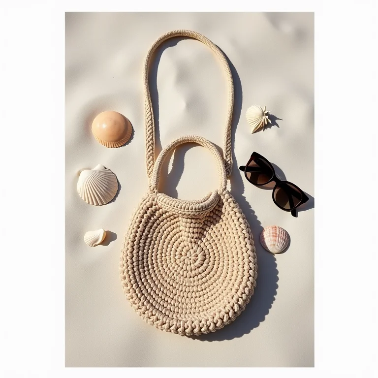 Bolsa de praia de crochê bege com óculos e conchas