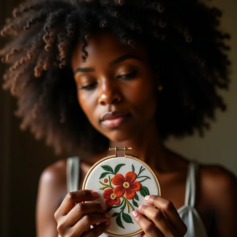 Bordado nordestino sendo segurado por uma mulher negra