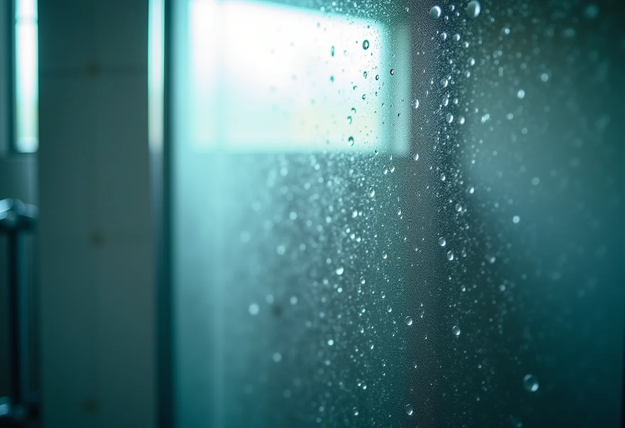 Box de vidro com resíduos de sabão e água, mostrando a dificuldade de limpeza