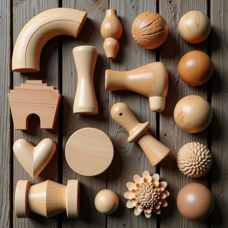Brinquedos de madeira artesanais dispostos em uma mesa rústica