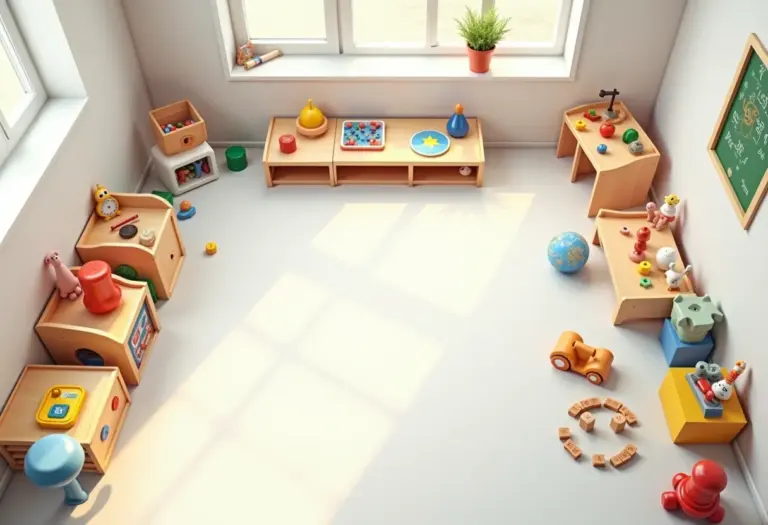 Brinquedos educativos organizados por faixa etária em um quarto de brinquedos iluminado.