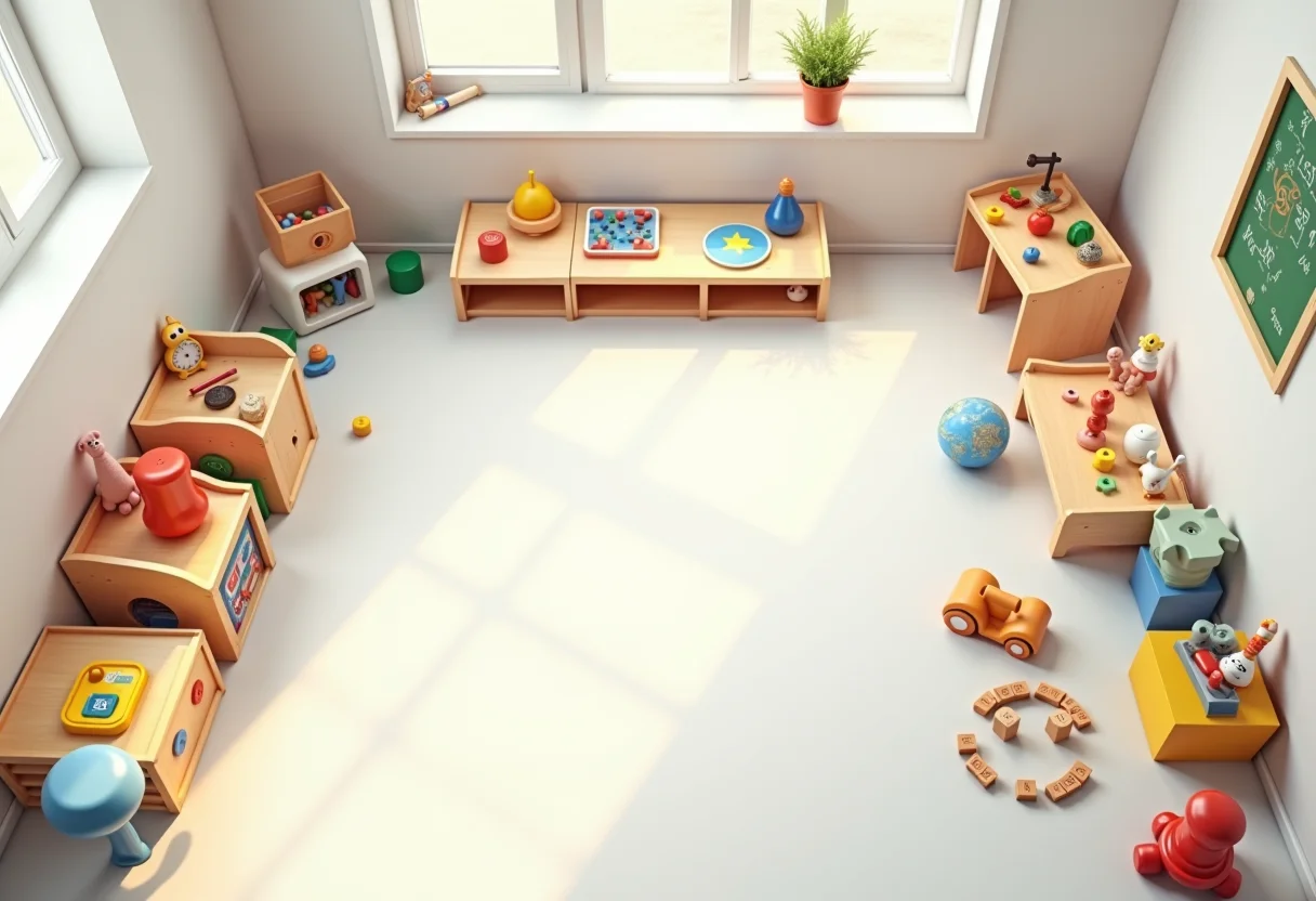 Brinquedos educativos organizados por faixa etária em um quarto de brinquedos iluminado.