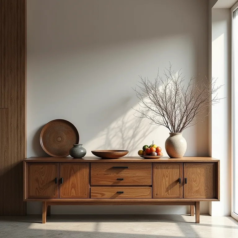 Buffet rústico em sala de jantar moderna