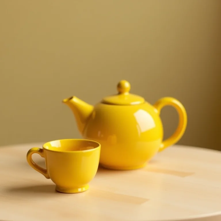 Bule de chá amarelo mostarda com xícara.