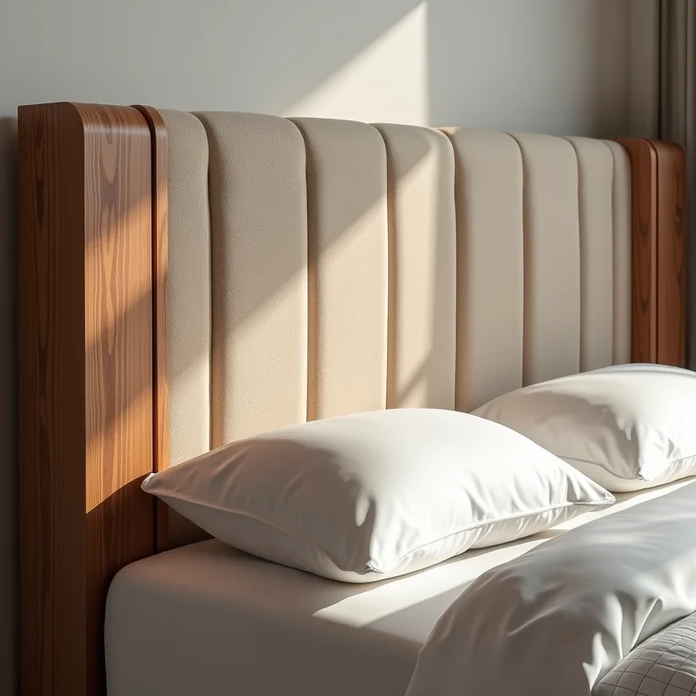 Cabeceira estofada com detalhes em madeira