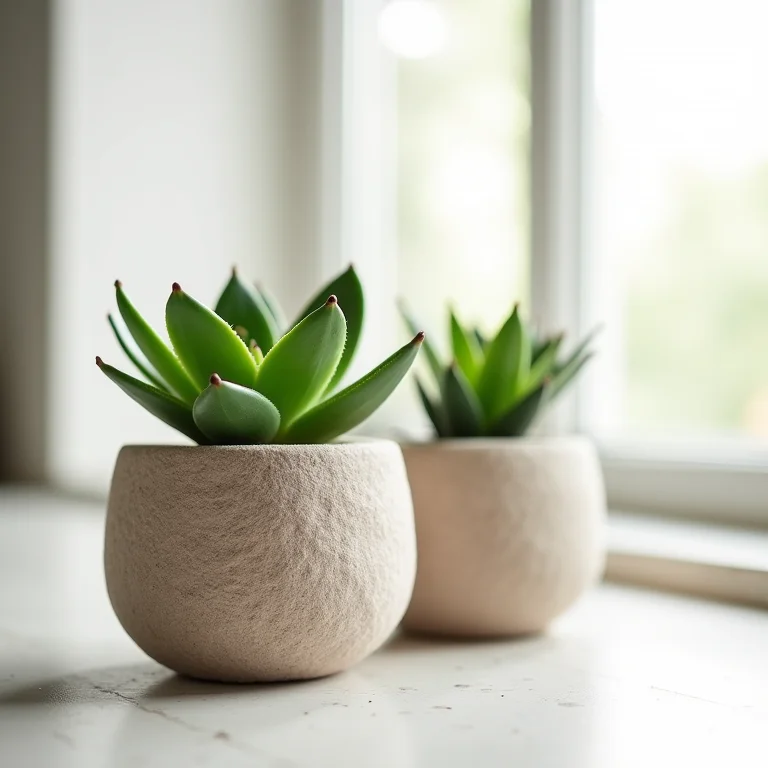 Cachepôs de feltro em tons neutros com pequenas plantas.