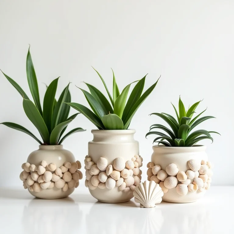 Cachepôs e vasos com conchas decorando plantas