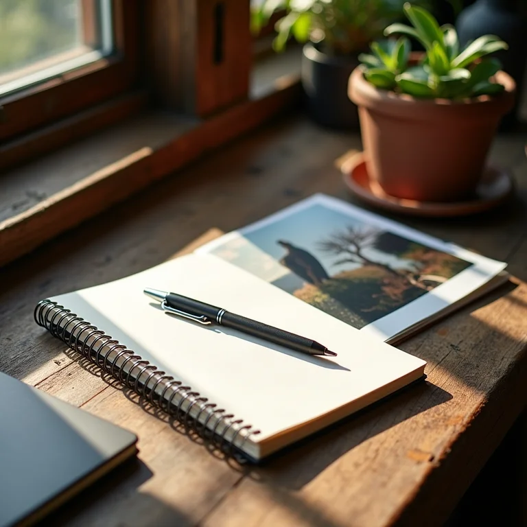 Caderno, caneta e diário de viagem com fotos de animais em mesa de madeira