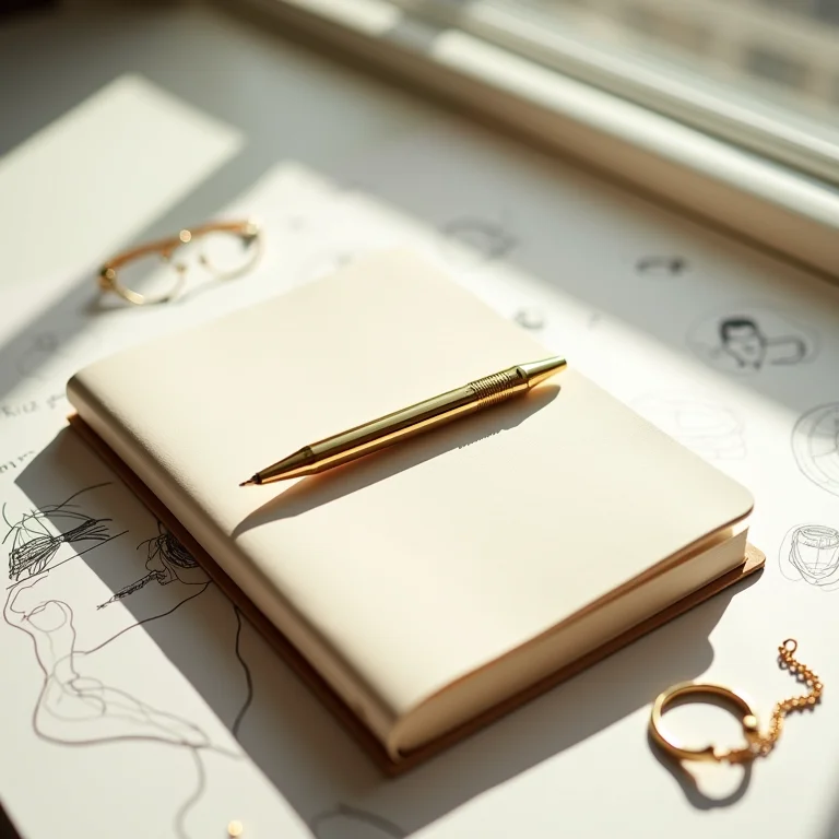 Caderno de anotações com joia minimalista e caneta dourada