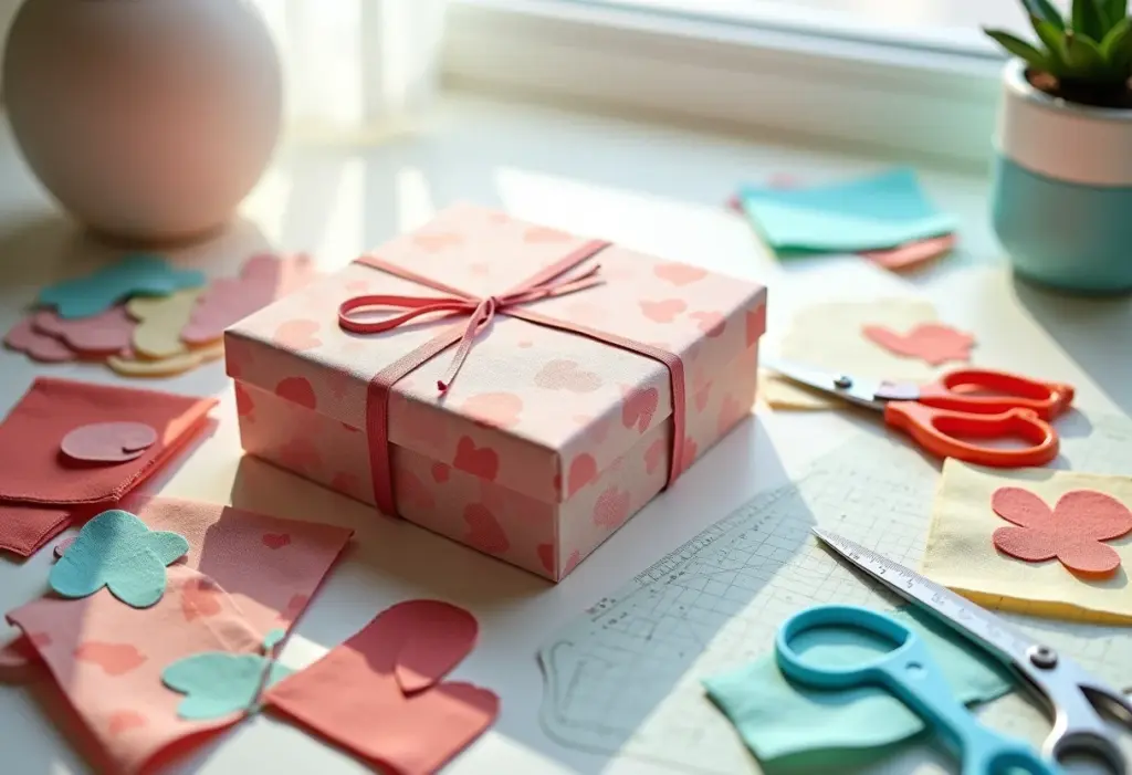 Cartonagem em tecido adesivado: o guia para projetos impecáveis Caixa decorada com tecido adesivado, materiais de cartonagem ao redor.