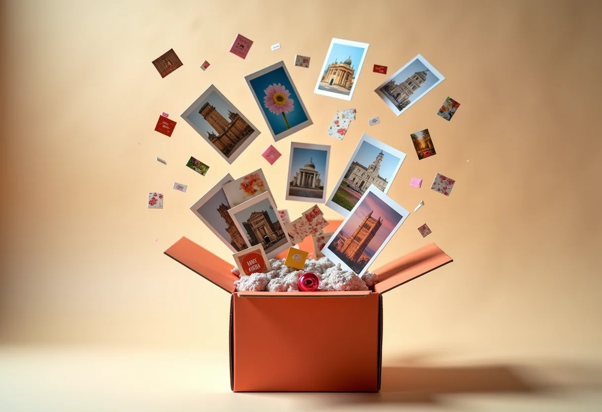Caixa explosiva aberta repleta de fotos e presentes