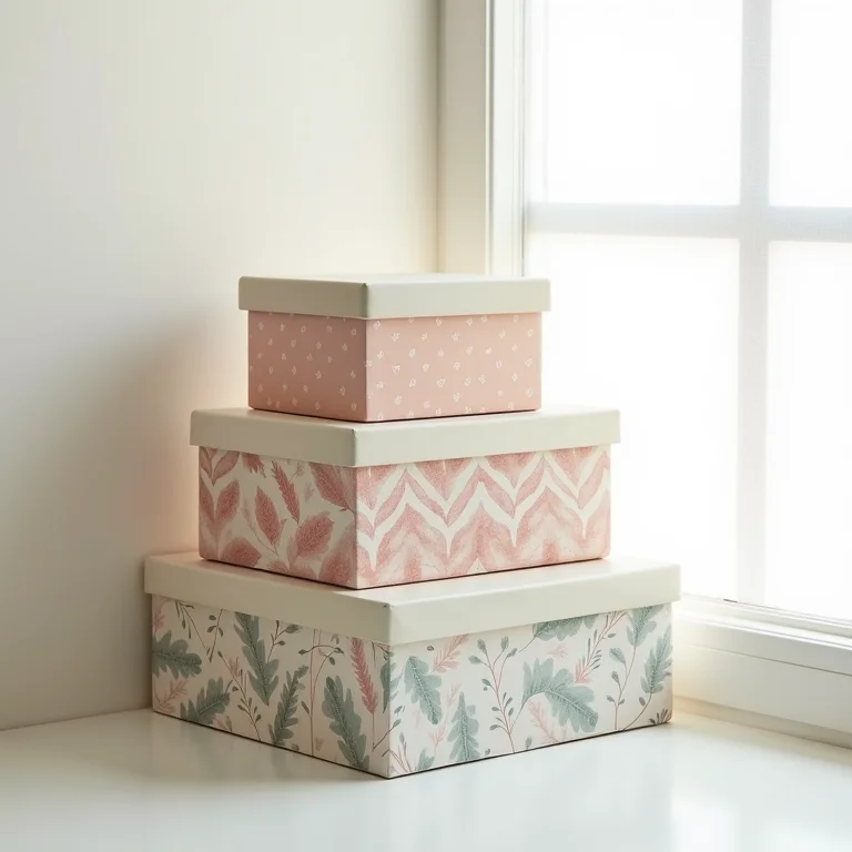 Caixas organizadoras personalizadas com tecido adesivado.