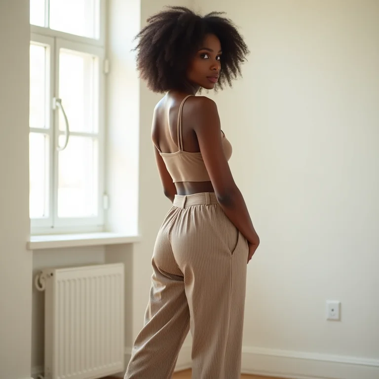 Calça listrada verticalmente alongando as pernas