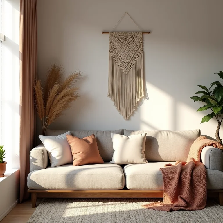 Canto de sala com decoração boho, macramê e texturas naturais
