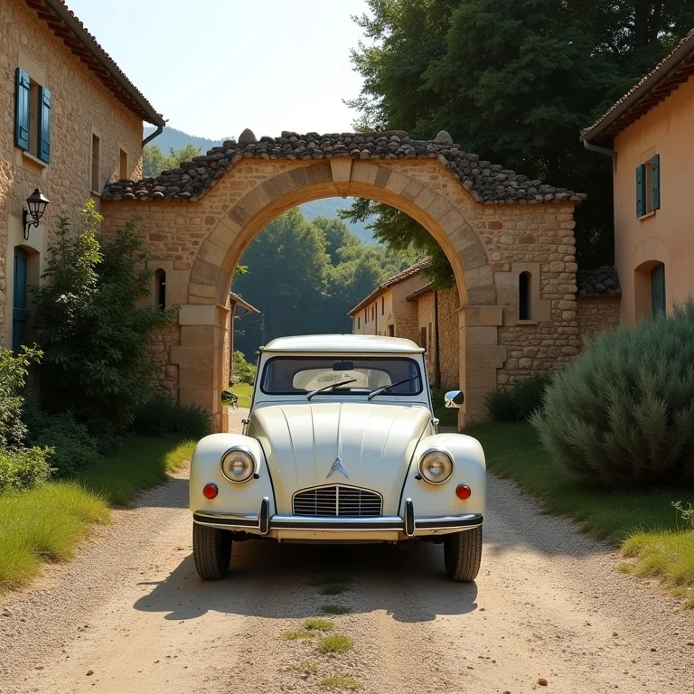 Carro vintage estacionado em frente a um portão de pedra na Provence