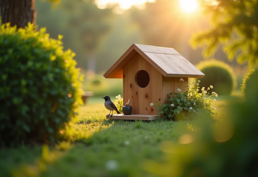 Casa de passarinho em jardim exuberante.