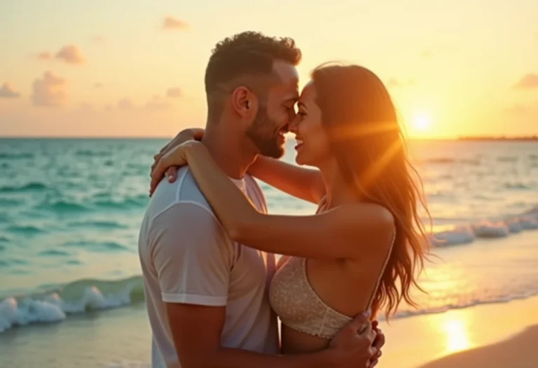 Casal apaixonado em praia paradisíaca no Brasil