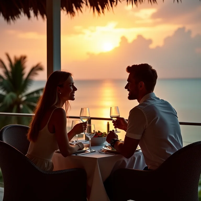 Casal aproveitando jantar romântico em destino paradisíaco no Brasil.