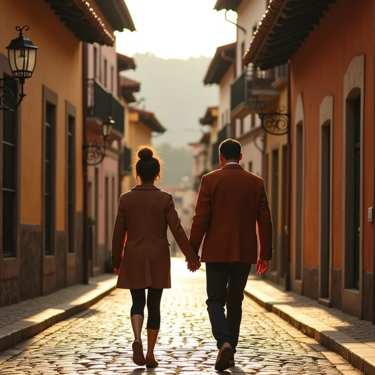 Casal caminhando em rua charmosa de Gramado