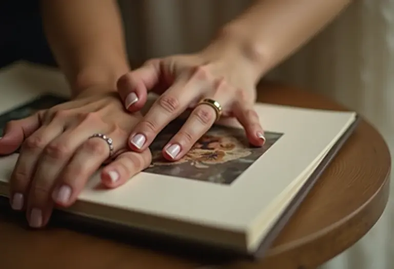Casal celebrando bodas com álbum de fotos artesanal