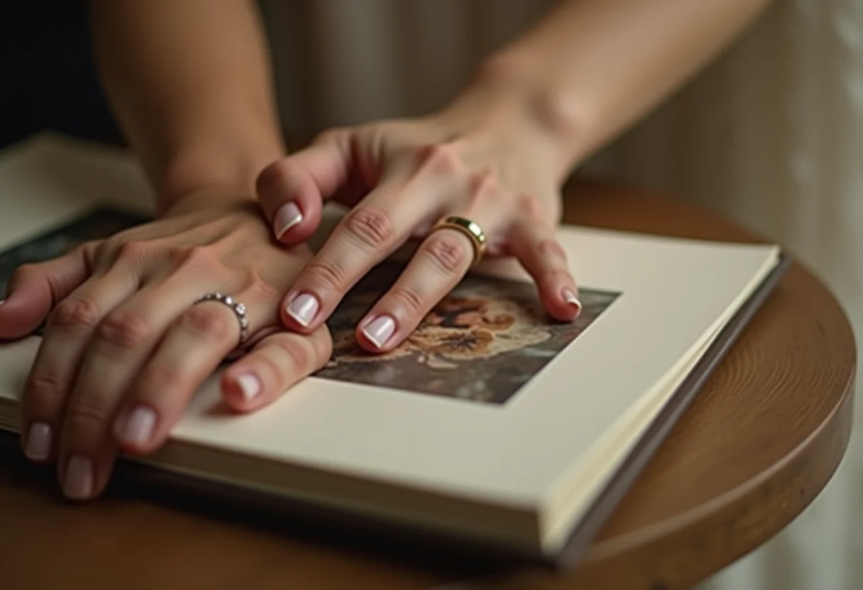 Casal celebrando bodas com álbum de fotos artesanal