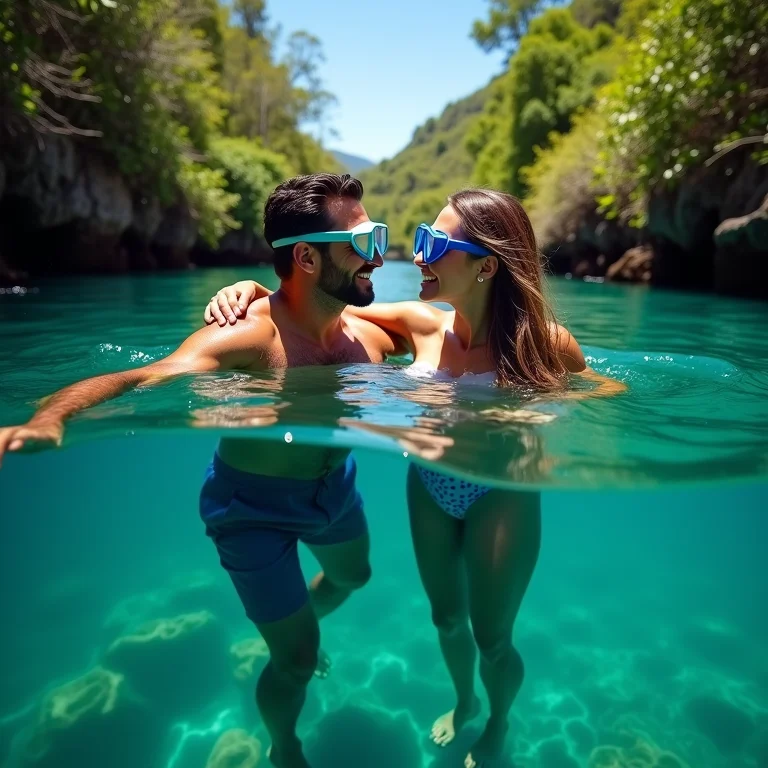Casal praticando snorkel em rio de Bonito