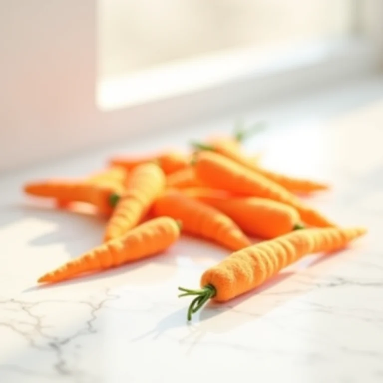 Cenouras de feltro laranja espalhadas em mármore branco.