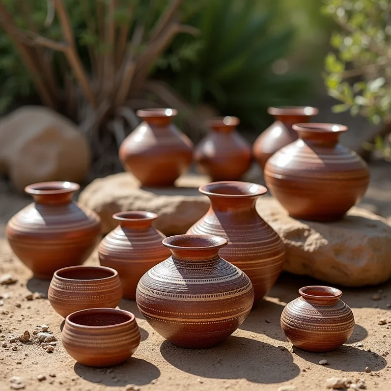 Cerâmicas e cestos artesanais indígenas com padrões intrincados exibidos ao ar livre.