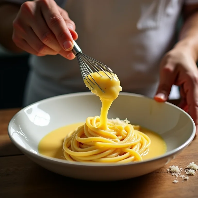 Chef emulsionando suco de limão, água do cozimento da massa e queijo parmesão em uma tigela.